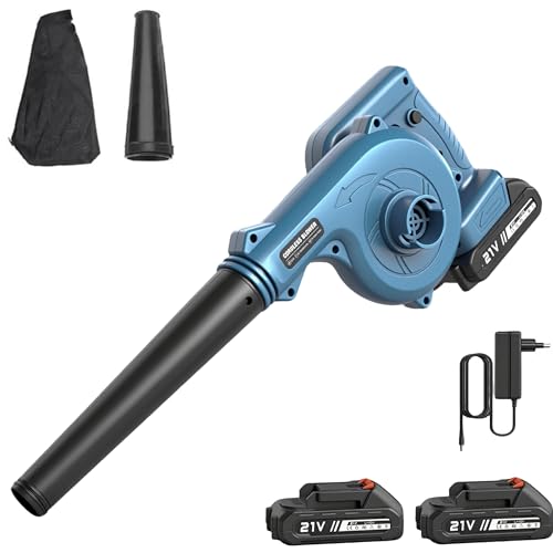 Laubbläser Akku, 2 In 1 Elektrischer Laubbläser mit 1,5Ah Akku und Ladegerät, 3,6M/Min, 70CFM Luftdurchsatz für Rasenpflege, Terrasse, Garten, Haus, Lager (Blau mit 2 Akkus) von Purova