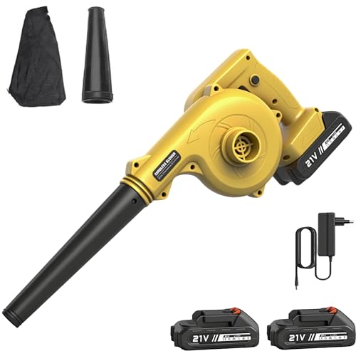 Laubbläser Akku, 2 In 1 Elektrischer Laubbläser mit 1,5Ah Akku und Ladegerät, 3,6M/Min, 70CFM Luftdurchsatz für Rasenpflege, Terrasse, Garten, Haus, Lager (Gelb mit 2 Akkus) von Purova