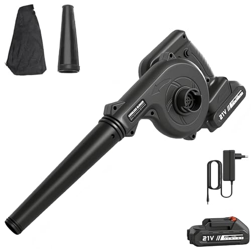 Laubbläser Akku, 2 In 1 Elektrischer Laubbläser mit 1,5Ah Akku und Ladegerät, 3,6M/Min, 70CFM Luftdurchsatz für Rasenpflege, Terrasse, Garten, Haus, Lager (Schwarz mit 1 Akku) von Purova