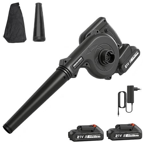 Laubbläser Akku, 2 In 1 Elektrischer Laubbläser mit 1,5Ah Akku und Ladegerät, 3,6M/Min, 70CFM Luftdurchsatz für Rasenpflege, Terrasse, Garten, Haus, Lager (Schwarz mit 2 Akkus) von Purova