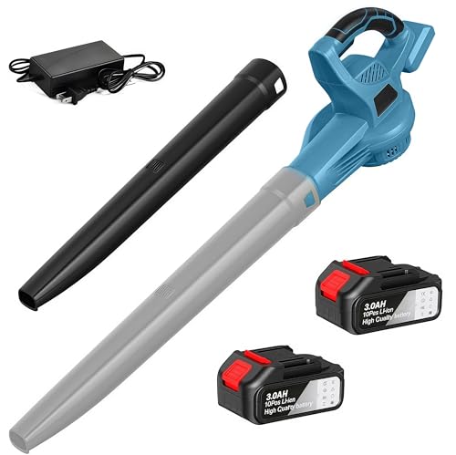 Laubbläser Akku, 21V Elektrischer Laubbläser mit 3,0Ah Akkus und Ladegerät, 3.8m³/Min Luftdurchsatz, 289KM/H für Rasenpflege, Terrasse, Garten, Haus, Lager (Blau, 2 akkus) von Purova