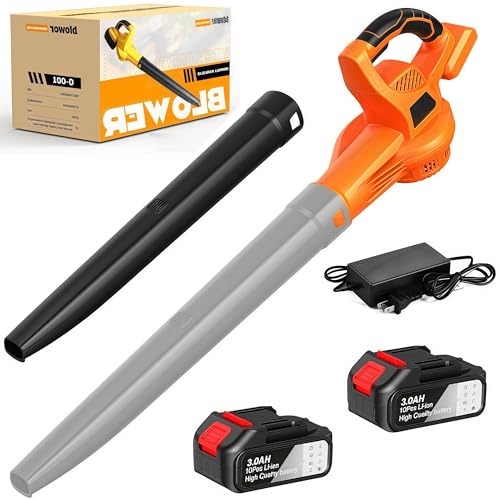 Laubbläser Akku, 21V Elektrischer Laubbläser mit 3,0Ah Akkus und Ladegerät, 3.8m³/Min Luftdurchsatz, 289KM/H für Rasenpflege, Terrasse, Garten, Haus, Lager (Orange, 2 akkus) von Purova