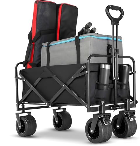 XXL Bollerwagen Faltbar, 150L 150KG Belastbar Bollerwagen mit 4 verstärkten Rollen, 360° Geländeräder, Faltwagen Strandwagen mit 2 Getränkehalter 10cm Reifen für Camping Strand Einkaufen (Schwarz) XXL Bollerwagen Faltbar, 150L 150KG Belastbar Bollerwagen mit 4 verstärkten Rollen, 360° Geländeräder, Faltwagen Strandwagen mit 2 Getränkehalter 10cm Reifen für Camping Strand Einkaufen (Schwarz) von Purova