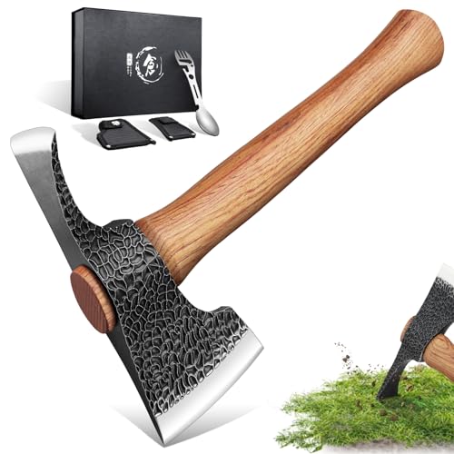 Purple Dragon 2 in1 Beil Axt und Gartenhacke,Axt Holz Spalten Handgeschmiedet Spaltaxt mit Holzgriff,Outdoor Axt Set mit Scheide und Camping Gabel für Garten Wald Survival,Geschenke für Männer von Purple Dragon