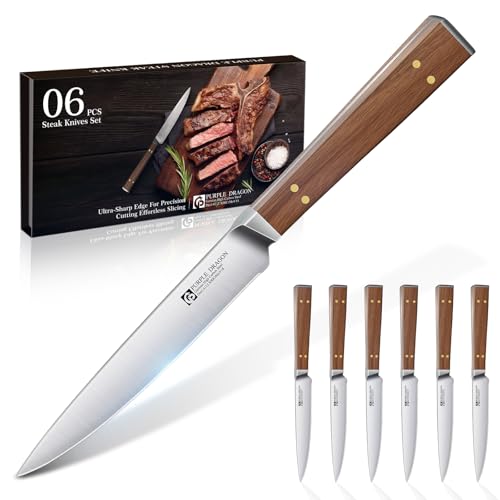 Purple Dragon Steakmesser Set 6 teilig - Steakmesser Glattschliff mit Ergonomischem Holzgriff, Hochwertige Edelstahl Küchen Steakbesteck, Geschenk für Umzug, Geburtstag, Neujahrs von Purple Dragon