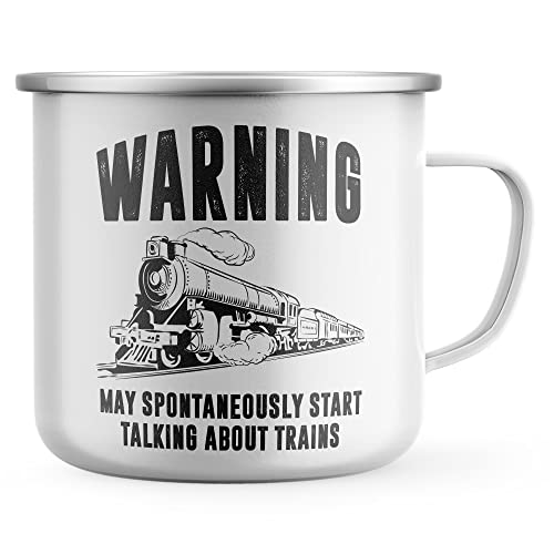 Purple Print House Warning, May Spontaneously Start Talking About Trains Emaille Tasse Zug Geschenke für Männer Geburtstagsgeschenkideen Metall Trinken Kaffeetasse One Size Weiß von Purple Print House