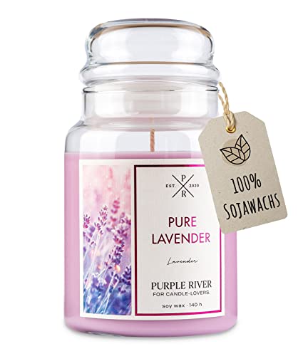 Purple River Große Duftkerze im Glas mit Deckel | Pure Lavender | Duftkerze Lavendel | Kerzen Lange Brenndauer (140h) | Duftkerze Sojawachs | Lila Kerzen (623g) von Purple River Candle