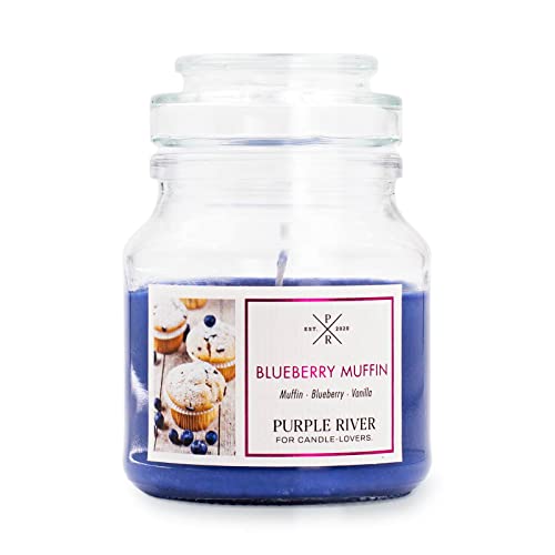 Purple River Kleine Duftkerze im Glas | Blueberry Muffin | Duftkerze Süß | Kerzen lange Brenndauer bis zu 40h | Duftkerze Sojawachs | Kerzen Blau (113g) von Purple River Candle