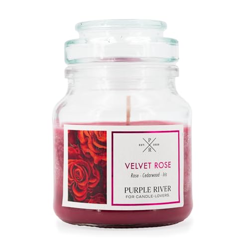 Purple River Candle Kleine Duftkerze im Glas | Velvet Rose | Duftkerze Rose | Kerzen lange Brenndauer bis zu 40h | Duftkerze Sojawachs | Kerzen Rot (113g) von Purple River Candle