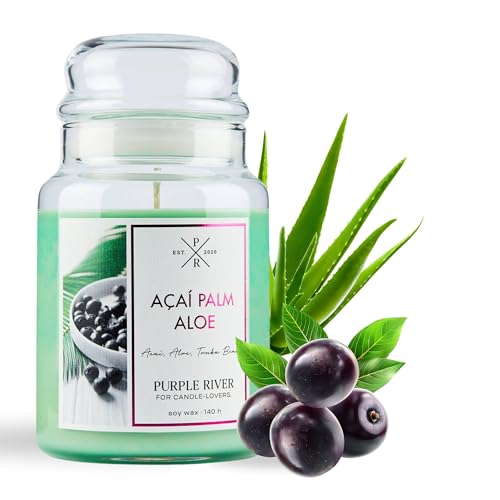 Purple River Candle Große Duftkerze im Glas mit Deckel | Acai Palm Aloe | Duftkerze Floral | Kerzen Lange Brenndauer (140h) | Duftkerze Sojawachs | Kerzen Grün (623g) von Purple River Candle