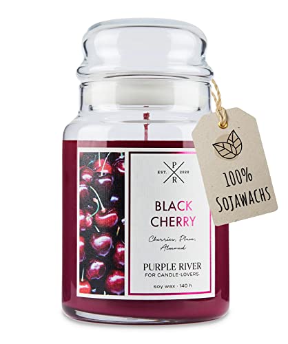 Purple River Candle Große Duftkerze im Glas mit Deckel | Black Cherry | Duftkerze Kirsche | Kerzen Lange Brenndauer (140h) | Duftkerze Sojawachs | Kerzen Rot (623g) von Purple River Candle