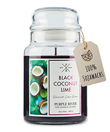 Purple River Candle Große Duftkerze im Glas mit Deckel | Black Coconut Lime | Duftkerze Kokos | Kerzen Lange Brenndauer (140h) | Duftkerze Sojawachs | Schwarze Kerzen (623g) von Purple River Candle