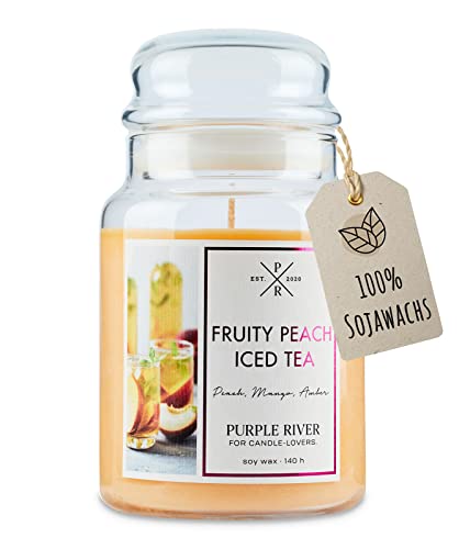 Purple River Candle Große Duftkerze im Glas mit Deckel | Fruity Peach Iced Tea | Duftkerze Fruchtig | Kerzen Lange Brenndauer (140h) | Duftkerze Sojawachs | Kerzen Orange (623g) von Purple River Candle