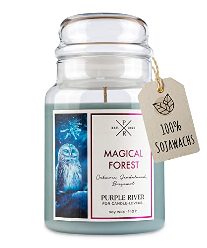 Purple River Candle Große Duftkerze im Glas mit Deckel | Magical Forest | Duftkerze Sandelholz | Kerzen Lange Brenndauer (140h) | Duftkerze Sojawachs | Kerzen Grau (623g) von Purple River Candle