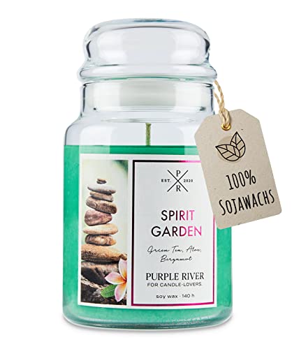 Purple River Große Duftkerze im Glas mit Deckel | Spirit Garden | Duftkerze Bergamotte | Kerzen Lange Brenndauer (140h) | Duftkerze Sojawachs | Kerzen Grün (623g) von Purple River Candle