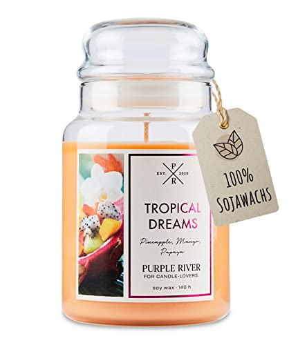 Purple River Candle Große Duftkerze im Glas mit Deckel | Tropical Dreams | Duftkerze Fruchtig | Kerzen Lange Brenndauer (140h) | Duftkerze Sojawachs | Kerzen Gelb (623g) von Purple River Candle