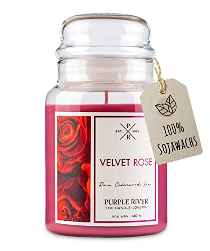 Purple River Candle Große Duftkerze im Glas mit Deckel | Velvet Rose | Duftkerze Rose | Kerzen Lange Brenndauer (140h) | Duftkerze Sojawachs | Kerzen Rot (623g) von Purple River Candle