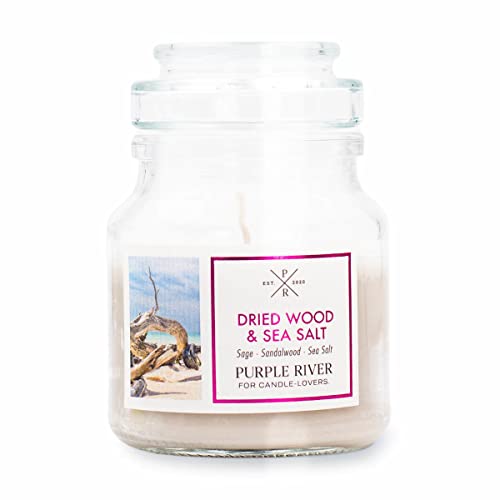 Purple River Candle Kleine Duftkerze im Glas | Dired Wood & Sea Salt | Duftkerze Sandelholz | Kerzen lange Brenndauer bis zu 40h | Duftkerze Sojawachs | Kerzen Weiß (113g) von Purple River Candle
