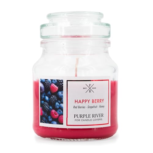 Purple River Candle Kleine Duftkerze im Glas | Happy Berry | Duftkerze Fruchtig | Kerzen lange Brenndauer bis zu 40h | Duftkerze Sojawachs | Kerzen Rot (113g) von Purple River Candle