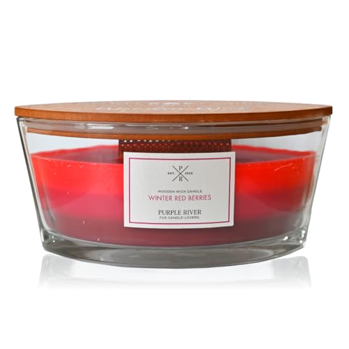 Purple River Tricolor Elipse Duftkerzen mit Holzdocht | Winter Red Berries - 453g | Duftkerze Winter | Duftkerze mit Knisterdocht | Kerze im Glas mit Brenndauer bis 60h von Purple River Candle