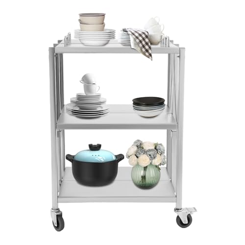 PurpleMinder 3 Borde Faltbarer Servierwagen, Klappbarer Küchenwagen, Küchenwagen aus Edelstahl, Hochbelastbare Edelstahlplatte, Hohe Tragfähigkeit kann in Küchen, Restaurants, Cafés, Bars 63x40x95 cm von PurpleMinder
