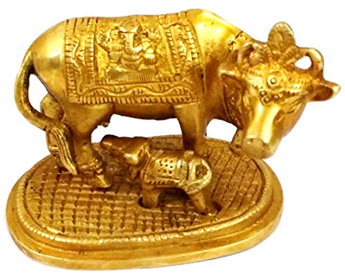 Purpledip Brass Idol Kamdhenu Cow with Calf : Golden Statue for Home Temple (11785) von Purpledip