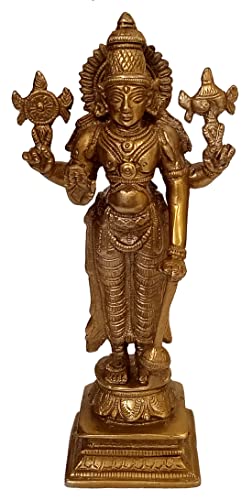 Purpledip Brass Statue Lord Vishnu Narayana: Hindu God Idol Sculpture Home Temple Décor Gift (11099) von Purpledip
