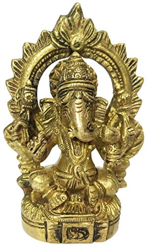 Purpledip Idol Ganesha in Mandap aus Messing mit Om-Inschrift (12172) von Purpledip