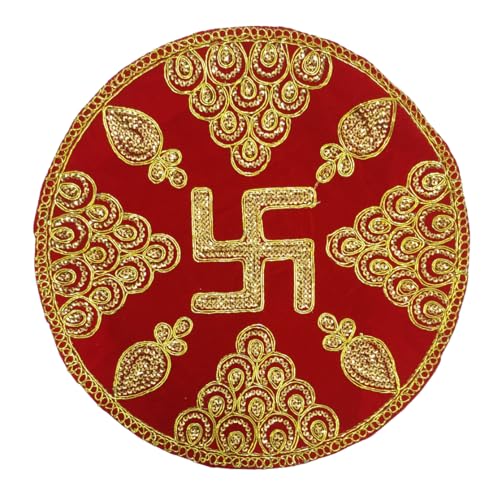 Purpledip Pailletten-Bordüre, rund, Puja Aasan Gaddi: Reichhaltige Haptik, rote Samtmatte mit Goldfaden-Stickerei für Gott-Idole, 24,1 cm (12404F) von Purpledip