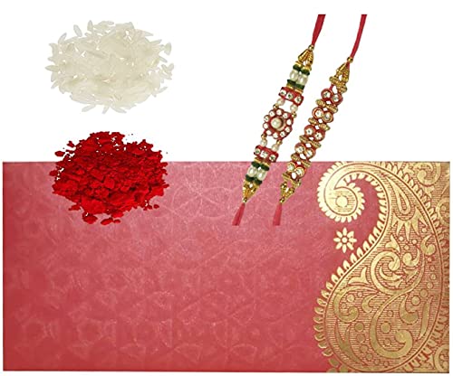 Purpledip Rakshabandhan Set in Shagun-Umschlag für Bruder: Roli Chawal Tika und 2 Rakhi-Armbänder (rakhi39r), Standard, Papier von Purpledip