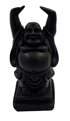 Purpledip Statue Idol lachender Buddha mit erhöhten Händen, schwarzes Granit-Finish (12489G) von Purpledip