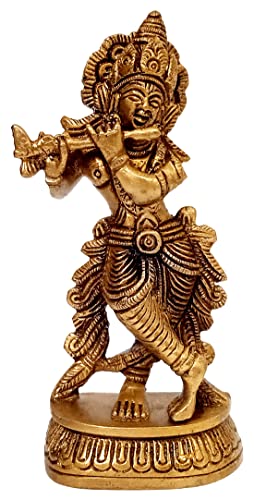 Statue Purpledip Krishna mit Flöte, Messing (10029) von Purpledip