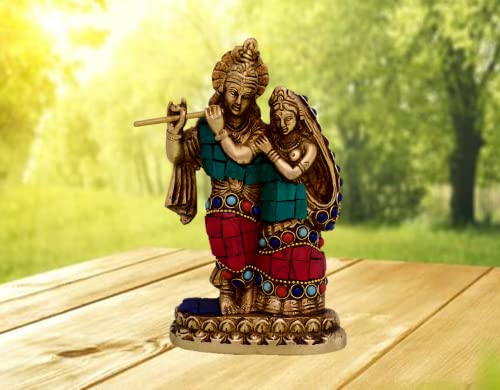 Purpledip Radha-Krishna Messing-Metall-Statue, Idol mit Edelsteinen, für Zuhause, Tempel, Bürotisch oder Laden, Mandir Puja-Regal, religiöses Geschenk (10741) von Purpledip