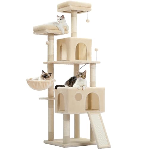 Purpurra Kratzbaum für große Katzen, 143 cm, mehrstöckiger Katzenturm mit Sisal-Kratzstämmen, super große Hängematte (50,8 x 43,2 cm) und obere Katzen-Sitzstange für schwere (Beige) von Purpurra