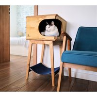 Rustikale Box Eiche Hell Mit Hängematte - Wunderschönes Handgemachtes Katzenhaus Für Zwei Katzen Von Purrfur von PurrFurPL