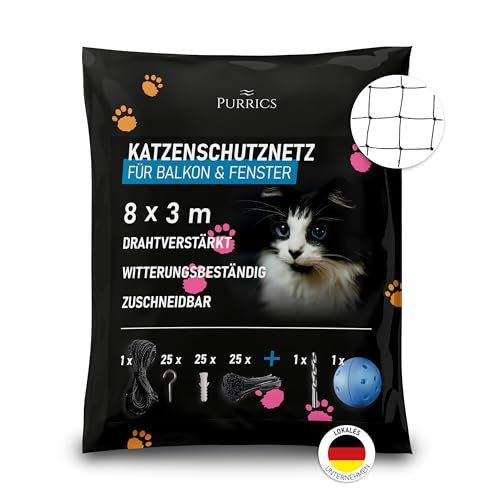 Purrics Katzennetz für Balkon & Fenster Drahtverstärkt | 8x3m | Schutznetz ohne Bohren | Katzengitter drahtverstärkt | wetterbeständig & bissfest | Befestigungsset inklusive | Katzenschutznetz schwarz Purrics Katzennetz für Balkon & Fenster Drahtverstärkt | 8x3m | Schutznetz ohne Bohren | Katzengitter drahtverstärkt | wetterbeständig & bissfest | Befestigungsset inklusive | Katzenschutznetz schwarz von Purrics