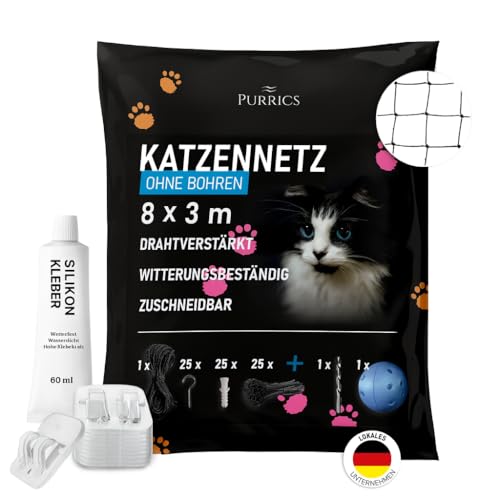 Purrics Katzennetz für Balkon ohne Bohren – Inkl. 75 Klebehaken & Silikonkleber – 8x3m – Katzennetz drahtverstärkt – bissfest & wetterfest – Katzenschutznetz für Fenster & Terrasse - schwarz Purrics Katzennetz für Balkon ohne Bohren – Inkl. 75 Klebehaken & Silikonkleber – 8x3m – Katzennetz drahtverstärkt – bissfest & wetterfest – Katzenschutznetz für Fenster & Terrasse - schwarz von Purrics