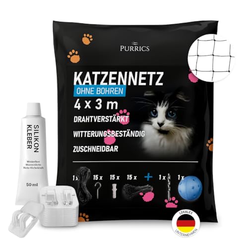 Purrics Katzennetz für Balkon ohne Bohren – Inkl. 55 Klebehaken & Silikonkleber – 4x3m – Katzennetz drahtverstärkt – bissfest & wetterfest – Katzenschutznetz für Fenster & Terrasse - schwarz Purrics Katzennetz für Balkon ohne Bohren – Inkl. 55 Klebehaken & Silikonkleber – 4x3m – Katzennetz drahtverstärkt – bissfest & wetterfest – Katzenschutznetz für Fenster & Terrasse - schwarz von Purrics