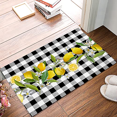 Badvorleger, Sommer-Lemon Buffalo Plaid Schwarz Weiß Gelb Badezimmer Duschmatte Fußmatte rutschfest Bodenteppich saugfähige Teppiche Bodenmatte Heimdekoration für Küche Schlafzimmer Teppich 61 x 40 cm von PuseTaer