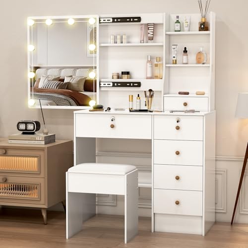 Puselo Schminktisch mit Beleuchtung und Spiegel, Frisiertisch mit Hocker, 10 Einstellbarer Helligkeit Kosmetiktisch mit 6 Schubladen 6 Ablagen Makeup Tisch für Schlafzimmer -80x36x131cm PW6 Puselo Schminktisch mit Beleuchtung und Spiegel, Frisiertisch mit Hocker, 10 Einstellbarer Helligkeit Kosmetiktisch mit 6 Schubladen 6 Ablagen Makeup Tisch für Schlafzimmer -80x36x131cm PW6 von Puselo