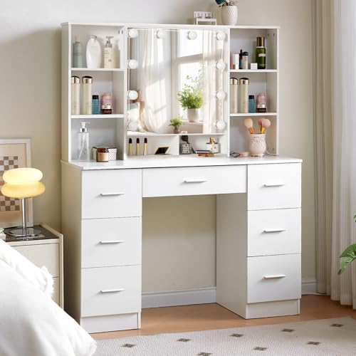 Puselo Schminktisch mit Beleuchtung und Spiegel Frisiertisch mit Hocker Makeup Kosmetiktisch mit 6 Schubladen und 6 Ablagen für Schlafzimmer 100x40x140cm P52E04 Puselo Schminktisch mit Beleuchtung und Spiegel Frisiertisch mit Hocker Makeup Kosmetiktisch mit 6 Schubladen und 6 Ablagen für Schlafzimmer 100x40x140cm P52E04 von Puselo