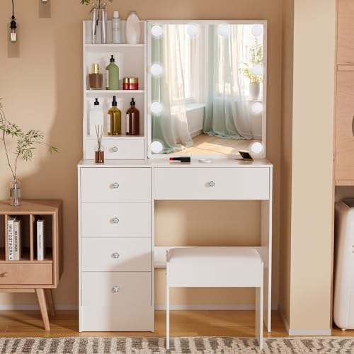 Puselo Schminktisch mit Beleuchtung und Spiegel Frisiertisch mit Hocker Makeup Kosmetiktisch mit 6 Schubladen und 6 Ablagen für Schlafzimmer 80x36x130cm P39E04 Puselo Schminktisch mit Beleuchtung und Spiegel Frisiertisch mit Hocker Makeup Kosmetiktisch mit 6 Schubladen und 6 Ablagen für Schlafzimmer 80x36x130cm P39E04 von Puselo