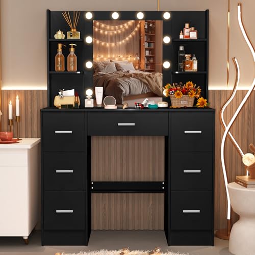 Puselo Schminktisch mit Beleuchtung und Spiegel, Frisiertisch mit Hocker, Schwarz Kosmetiktisch mit 7 Schubladen und 6 Ablagen für Schlafzimmer Kinderzimmer 100x40x140cm PE82 Puselo Schminktisch mit Beleuchtung und Spiegel, Frisiertisch mit Hocker, Schwarz Kosmetiktisch mit 7 Schubladen und 6 Ablagen für Schlafzimmer Kinderzimmer 100x40x140cm PE82 von Puselo