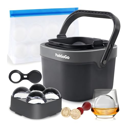 PushGoGo Transparente Eiskugelform, vier große 6,1 cm kristallklare Eiskugeln für Whiskey, Cocktails, Bourbon, 4 Mulden, BPA-freies Silikon, leicht zu entfernen, Eiskugelformen mit von PushGoGo