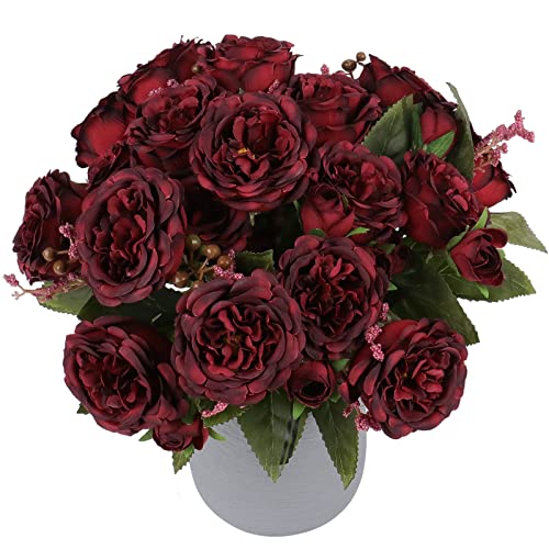 Pusuny Künstliche Pfingstrosen, Seidenblumen, Burgunderrot, künstlicher Pfingstrosenstrauß, 4 Bündel, Hochzeitstischdekoration, künstliche Kunststoffblumen für Vasendekoration (Burgunderrot) von Pusuny