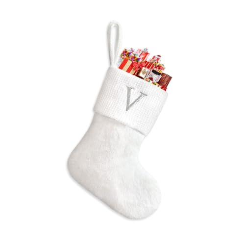 Putentfun Weihnachtsstrumpf Personalisiert Nikolausstrumpf 22 cm Weihnachtsstrumpf Füllung für Weihnachtsdekoration Christmas Stockings Weihnachtsbaum Kamin hängende Ornamente - b Weiß V von Putentfun