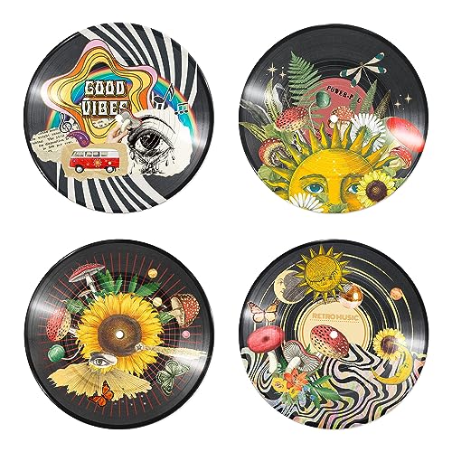 Putuo Decor 4er Set Hippie Indie Schallplatte Wanddekoration, ästhetische Weirdcore Raumdekoration, Sonnenblume, Pilz, Sonne, Mond, psychedelische Wandkunst von Putuo Decor