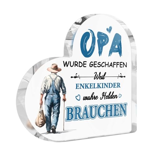 Putuo Decor Acryl Herz Deko Opa – Tischschild mit Spruch 'Opa wurde geschaffen Weil Enkelkinder wahre Helden brauchen' – Geschenk für Großvater von Putuo Decor