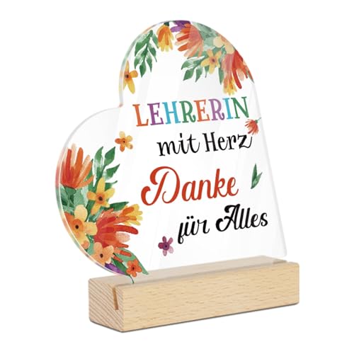 Putuo Decor Acryl Schild Geschenk für Lehrerin - Herzform Tischdeko mit Blumen - Dankeschön für Pädagoginnen von Putuo Decor