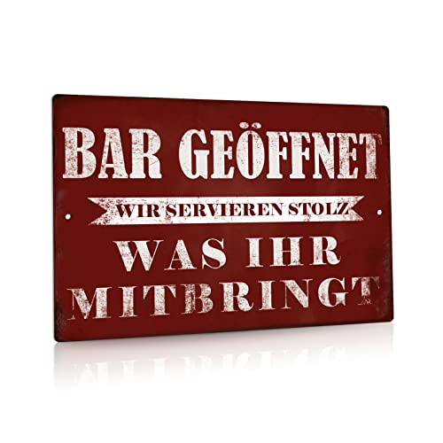 Putuo Decor Bar Geöffnet Zeichen, lustige Wanddekoration, 20 x 30 cm Aluminium Metall Zeichen, wir servieren stolz, was ihr mitbringt von Putuo Decor